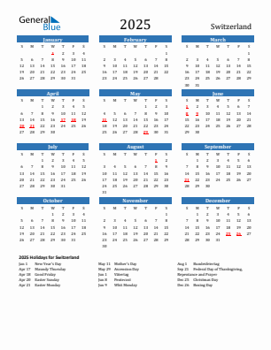 Switzerland current year calendar 2025 with holidays