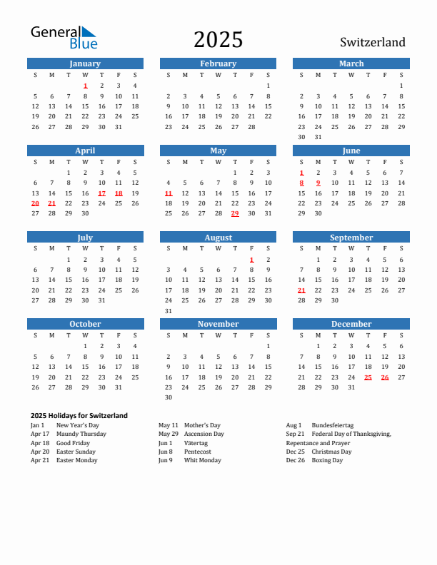 Switzerland 2025 Calendar with Holidays