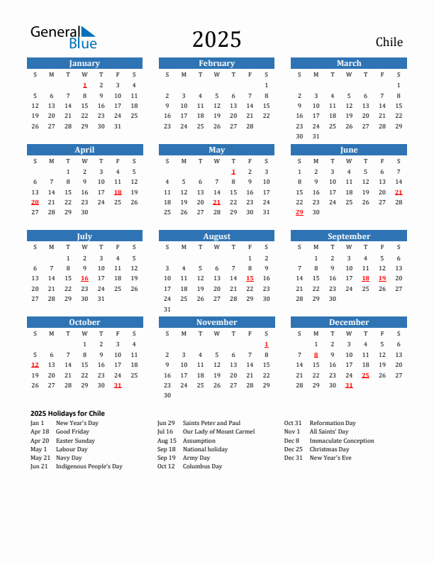 Chile 2025 Calendar with Holidays