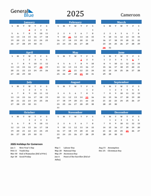 Cameroon current year calendar 2025 with holidays