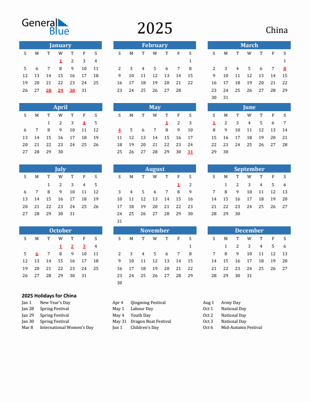 China 2025 Calendar with Holidays