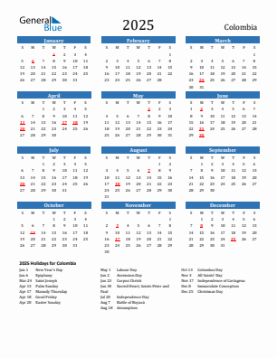 Colombia current year calendar 2025 with holidays