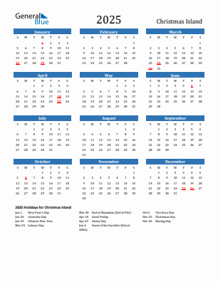 Christmas Island current year calendar 2025 with holidays