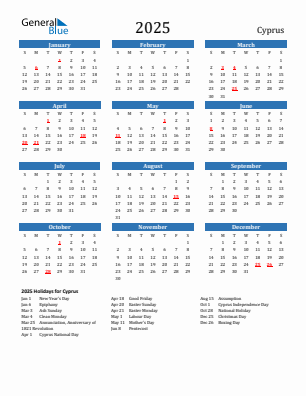 Cyprus current year calendar 2025 with holidays