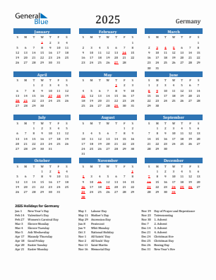 Germany current year calendar 2025 with holidays