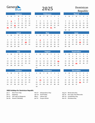 Dominican Republic current year calendar 2025 with holidays