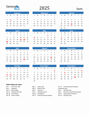 Spain current year calendar 2025 with holidays