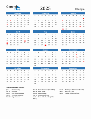 Ethiopia current year calendar 2025 with holidays