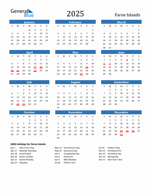 Faroe Islands current year calendar 2025 with holidays