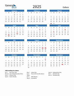 Gabon current year calendar 2025 with holidays