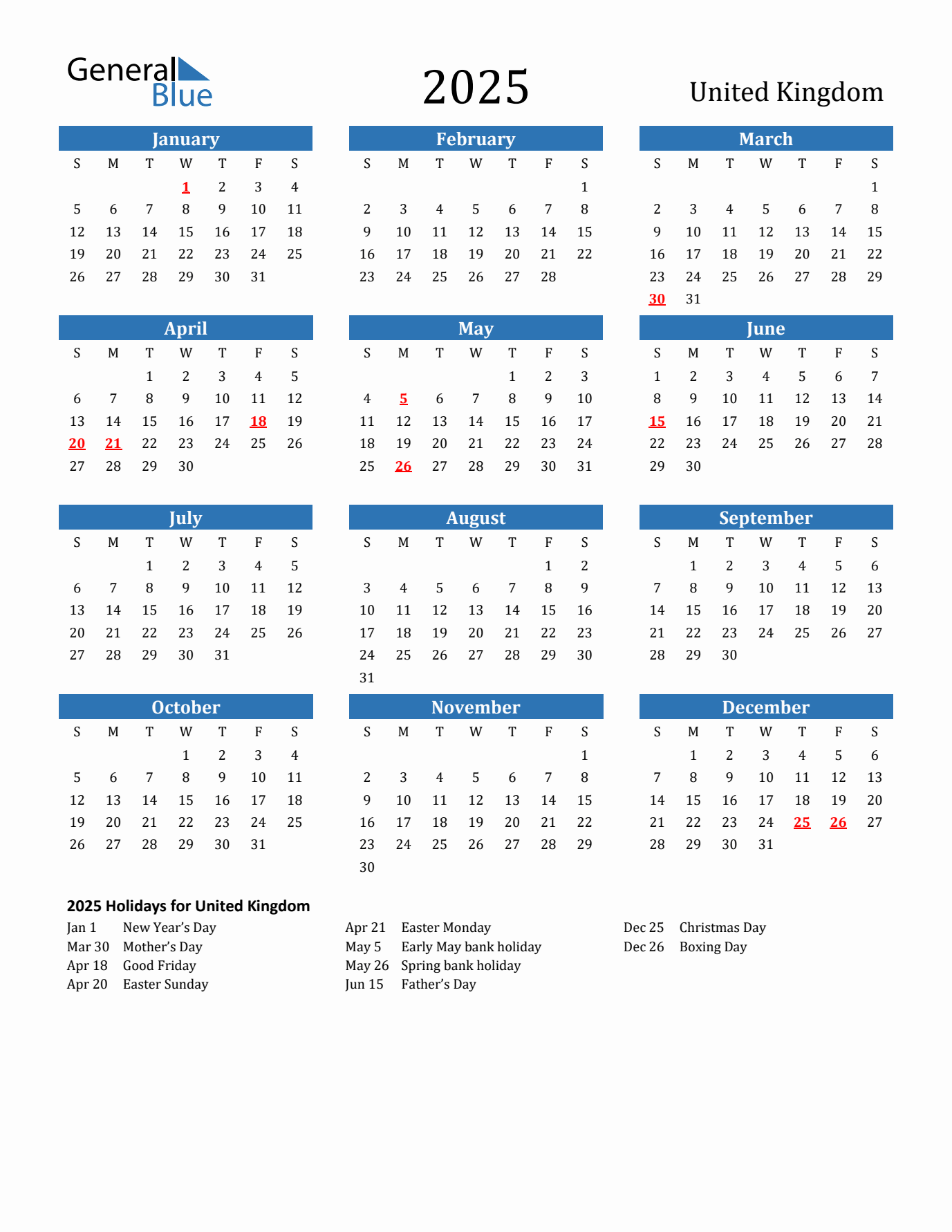 2025 yearly calendar with United Kingdom holidays