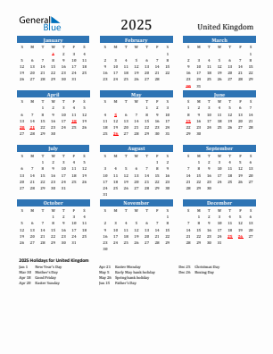 United Kingdom current year calendar 2025 with holidays