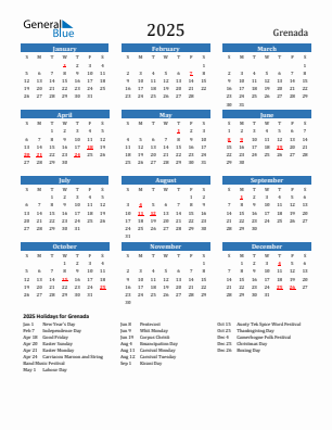 Grenada current year calendar 2025 with holidays