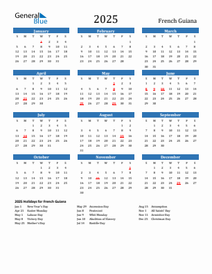 French Guiana current year calendar 2025 with holidays