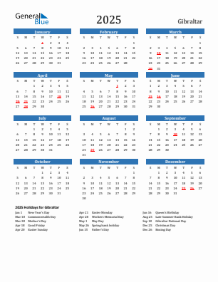 Gibraltar current year calendar 2025 with holidays