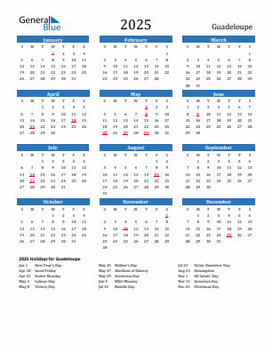 Guadeloupe current year calendar 2025 with holidays