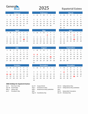 Equatorial Guinea current year calendar 2025 with holidays