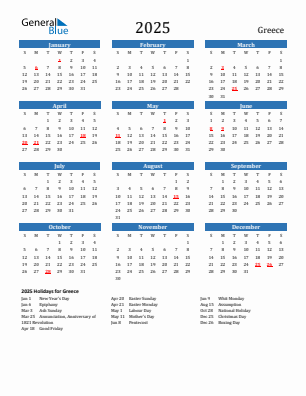 Greece current year calendar 2025 with holidays