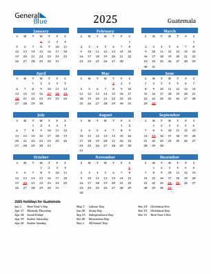 Guatemala current year calendar 2025 with holidays