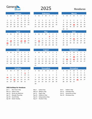 Honduras current year calendar 2025 with holidays