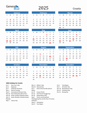 Croatia current year calendar 2025 with holidays