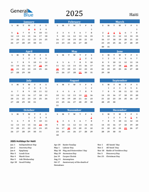 Haiti current year calendar 2025 with holidays