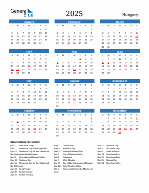 Hungary current year calendar 2025 with holidays