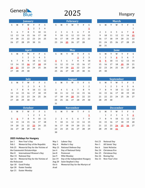 Hungary 2025 Calendar with Holidays