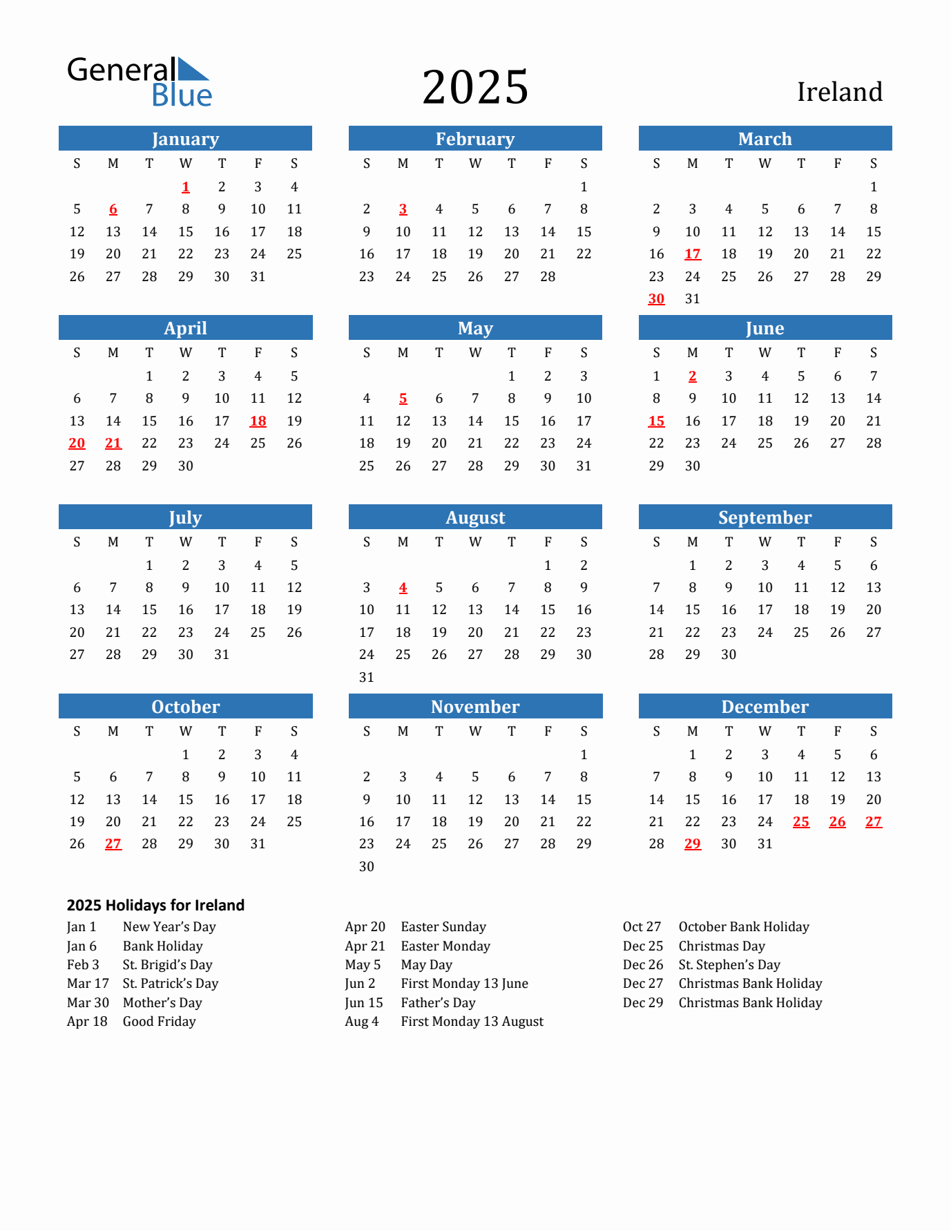 2025 yearly calendar with Ireland holidays