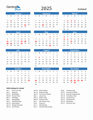 Iceland current year calendar 2025 with holidays