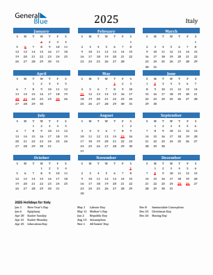 Italy current year calendar 2025 with holidays