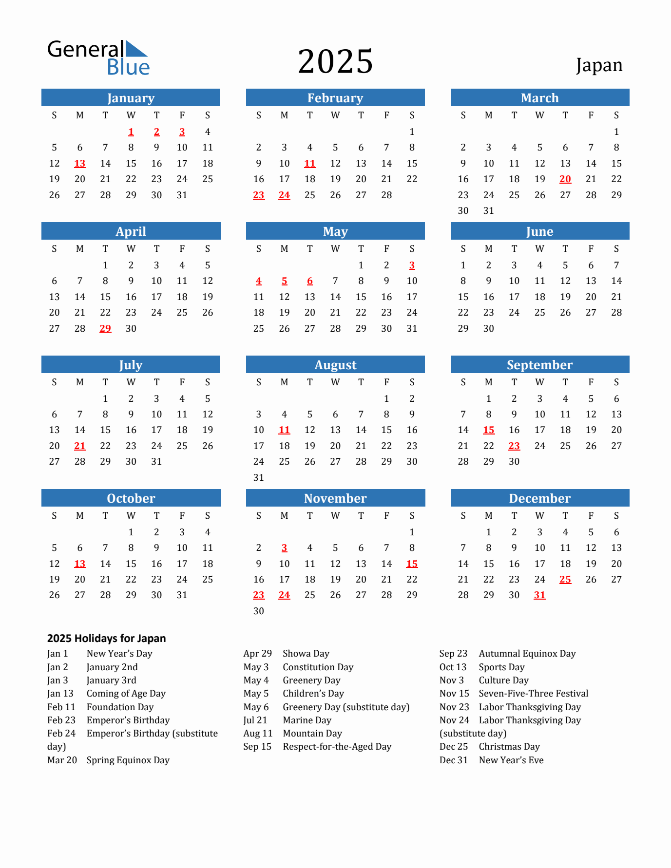 2025 yearly calendar with Japan holidays