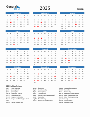 Japan current year calendar 2025 with holidays