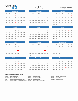 South Korea current year calendar 2025 with holidays