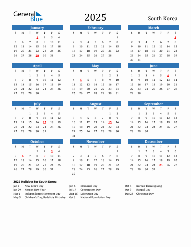 South Korea 2025 Calendar with Holidays