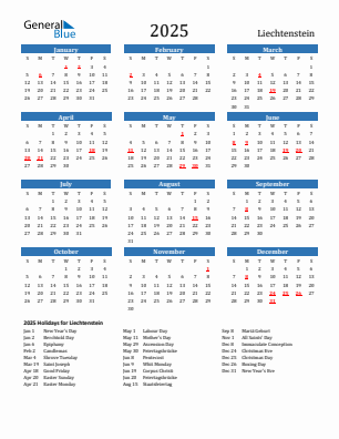 Liechtenstein current year calendar 2025 with holidays