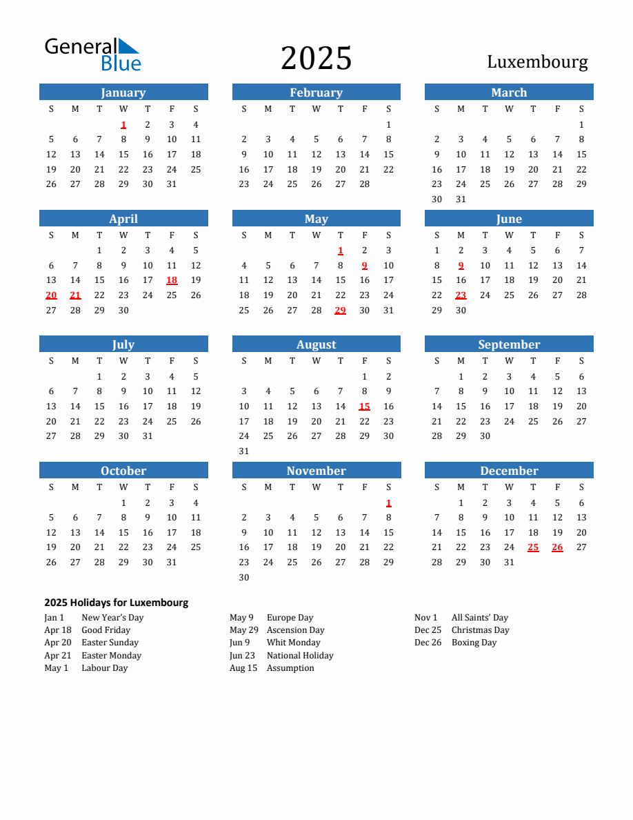 Luxembourg 2025 Calendar with Holidays