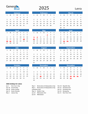 Latvia current year calendar 2025 with holidays