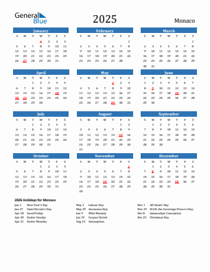 Monaco current year calendar 2025 with holidays