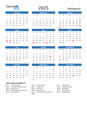 Madagascar current year calendar 2025 with holidays