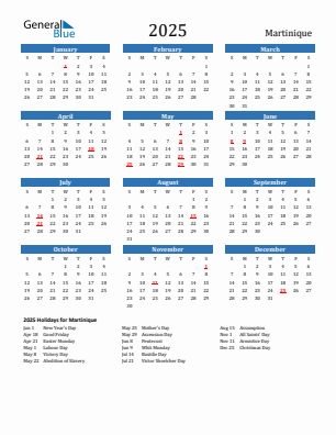 Martinique current year calendar 2025 with holidays