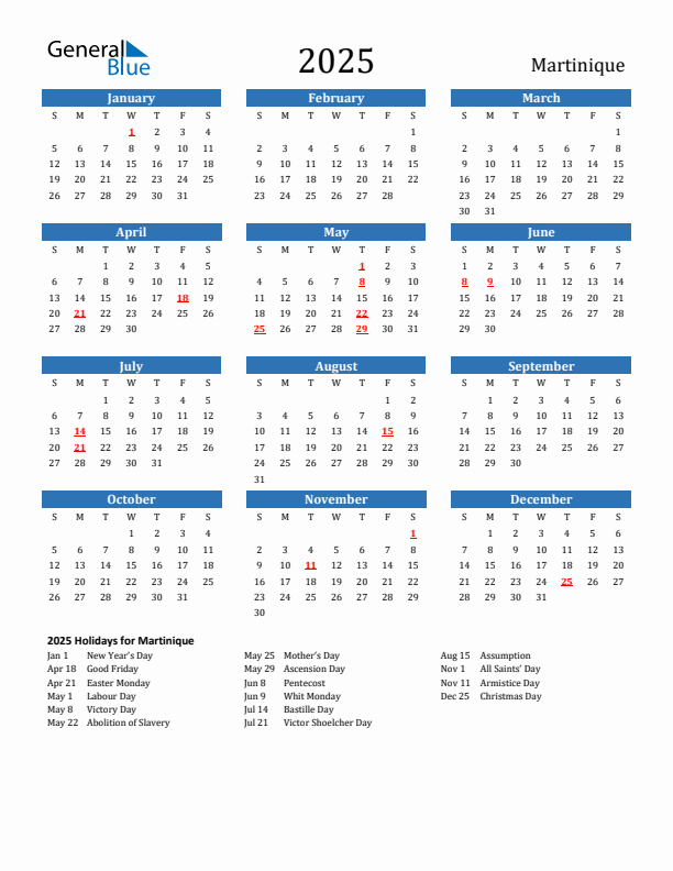 Martinique 2025 Calendar with Holidays