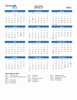 Malta current year calendar 2025 with holidays