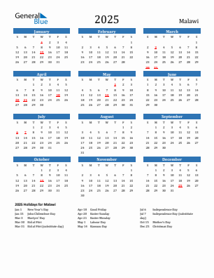 Malawi current year calendar 2025 with holidays