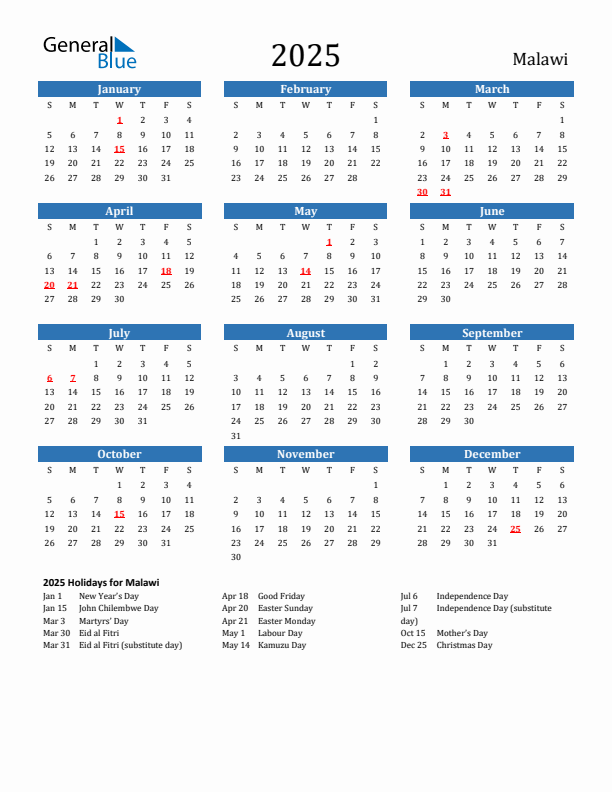 Malawi 2025 Calendar with Holidays