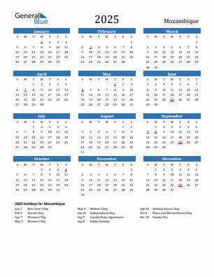 Mozambique current year calendar 2025 with holidays