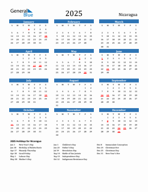 Nicaragua current year calendar 2025 with holidays