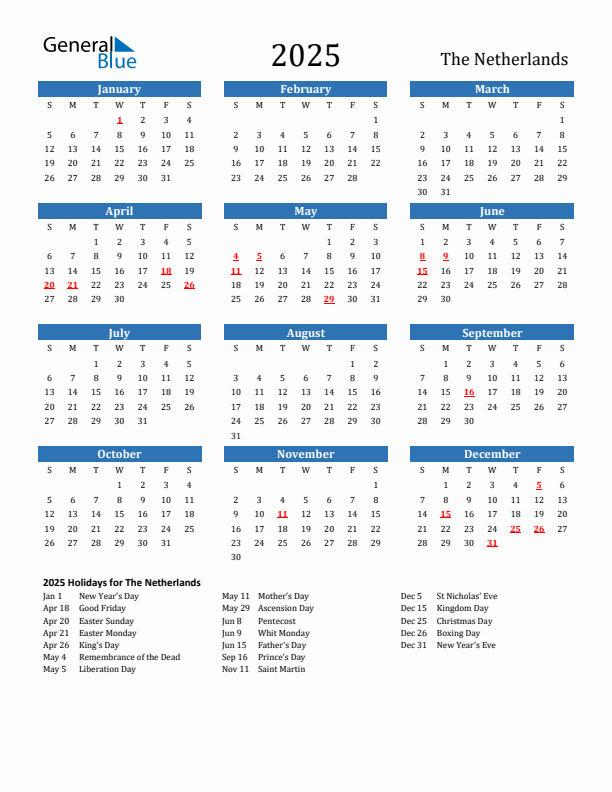 The Netherlands 2025 Calendar with Holidays