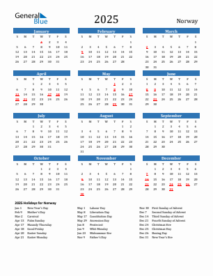 Norway current year calendar 2025 with holidays