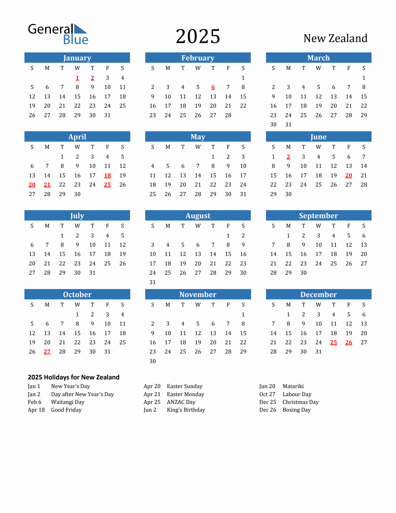 2025 yearly calendar with New Zealand holidays